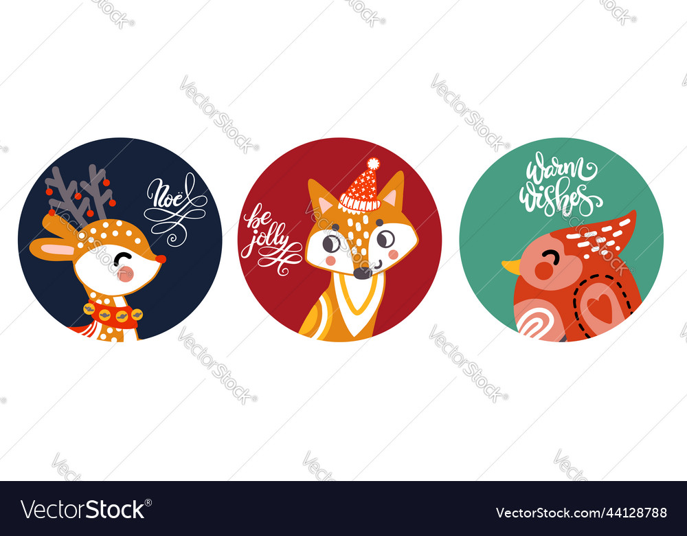 Set of circle christmas with cute animals vector image Set of circle christmas with cute animals