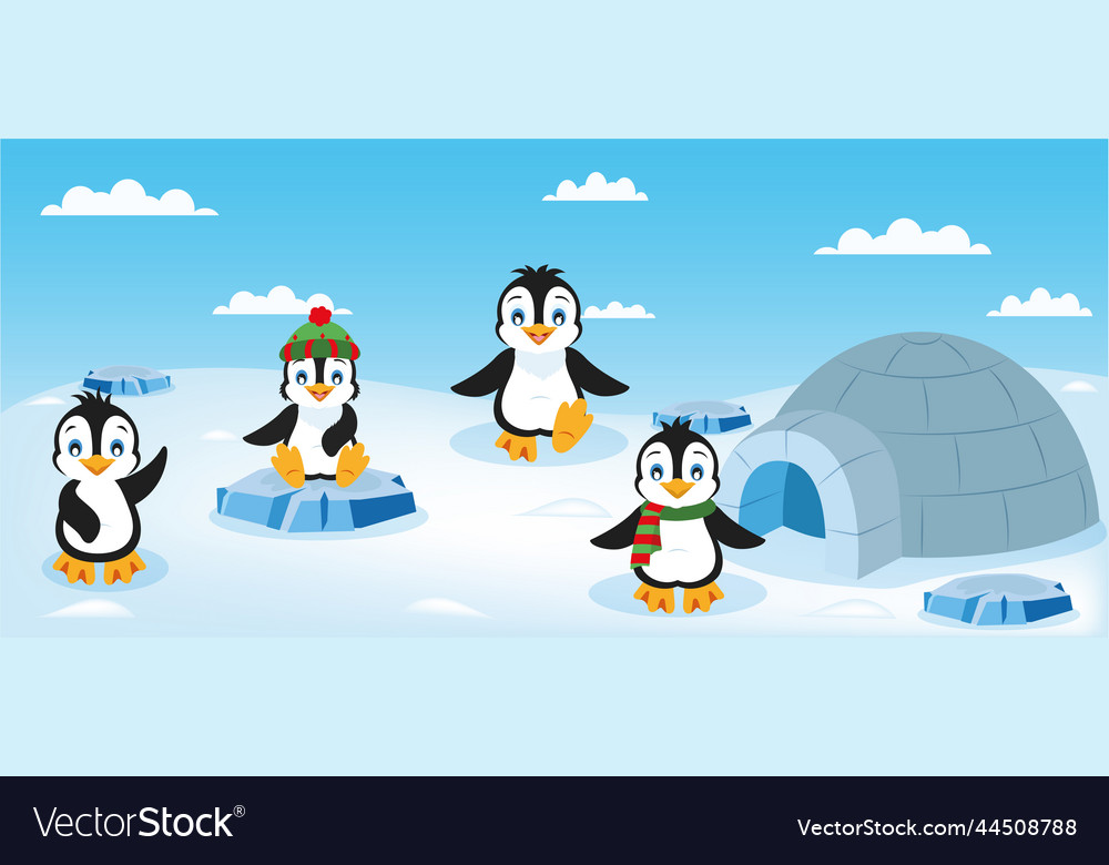 Set of penguins in different positions and ice