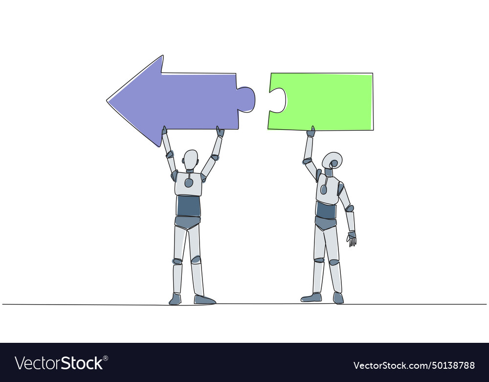 Single continuous line drawing two robots working vector image Single continuous line drawing two robots working