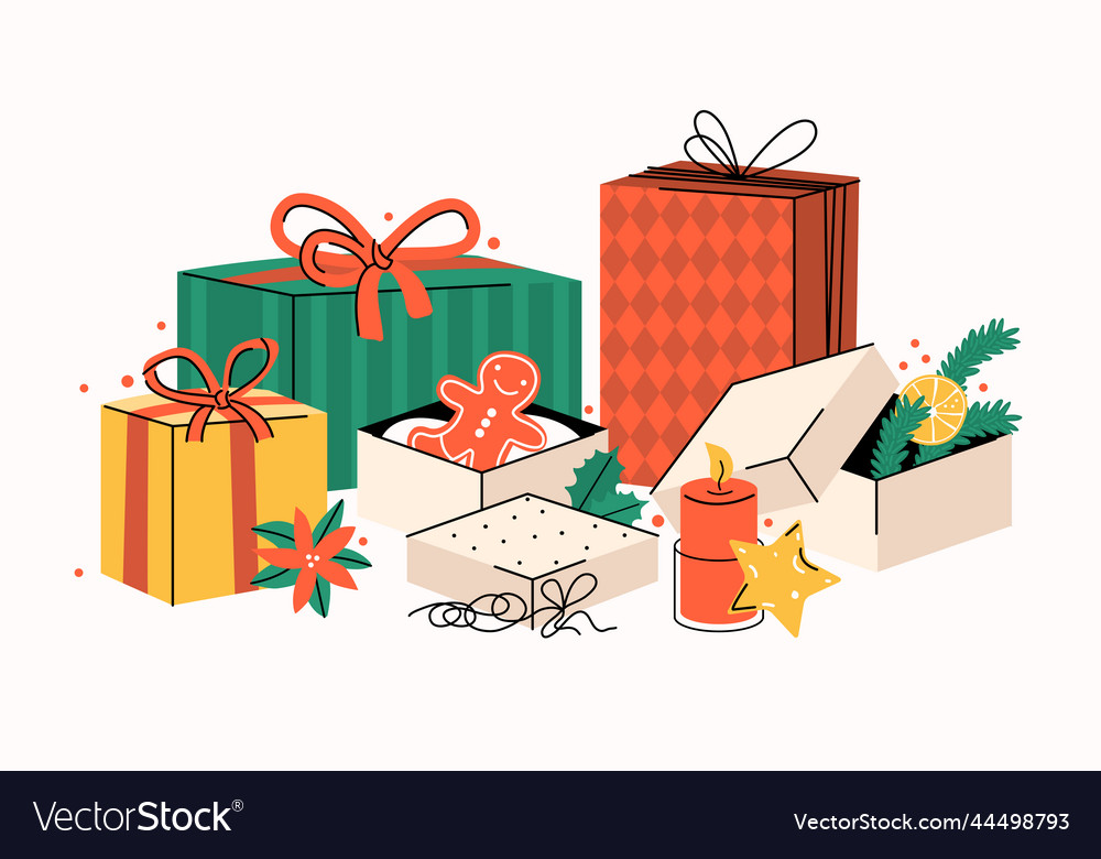 Big pile of gift boxes in festive wrapping paper Vector Image