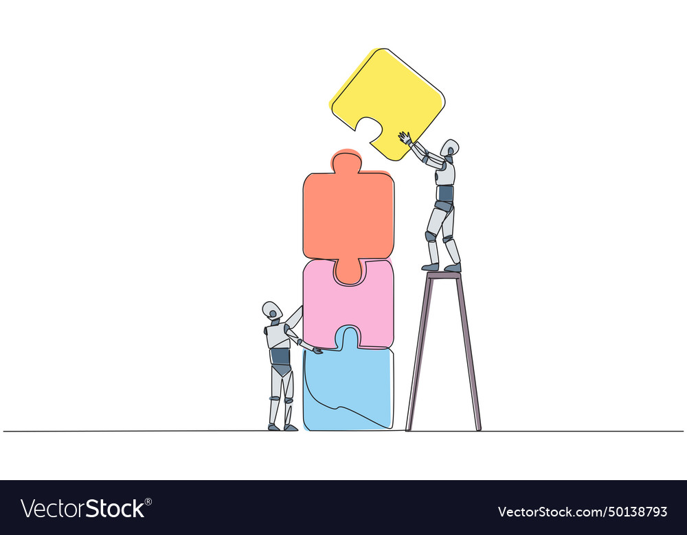 Continuous one line drawing two robots putting