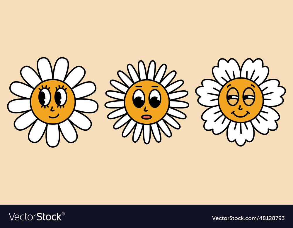 Daisy flowers with cartoon funny faces bloom