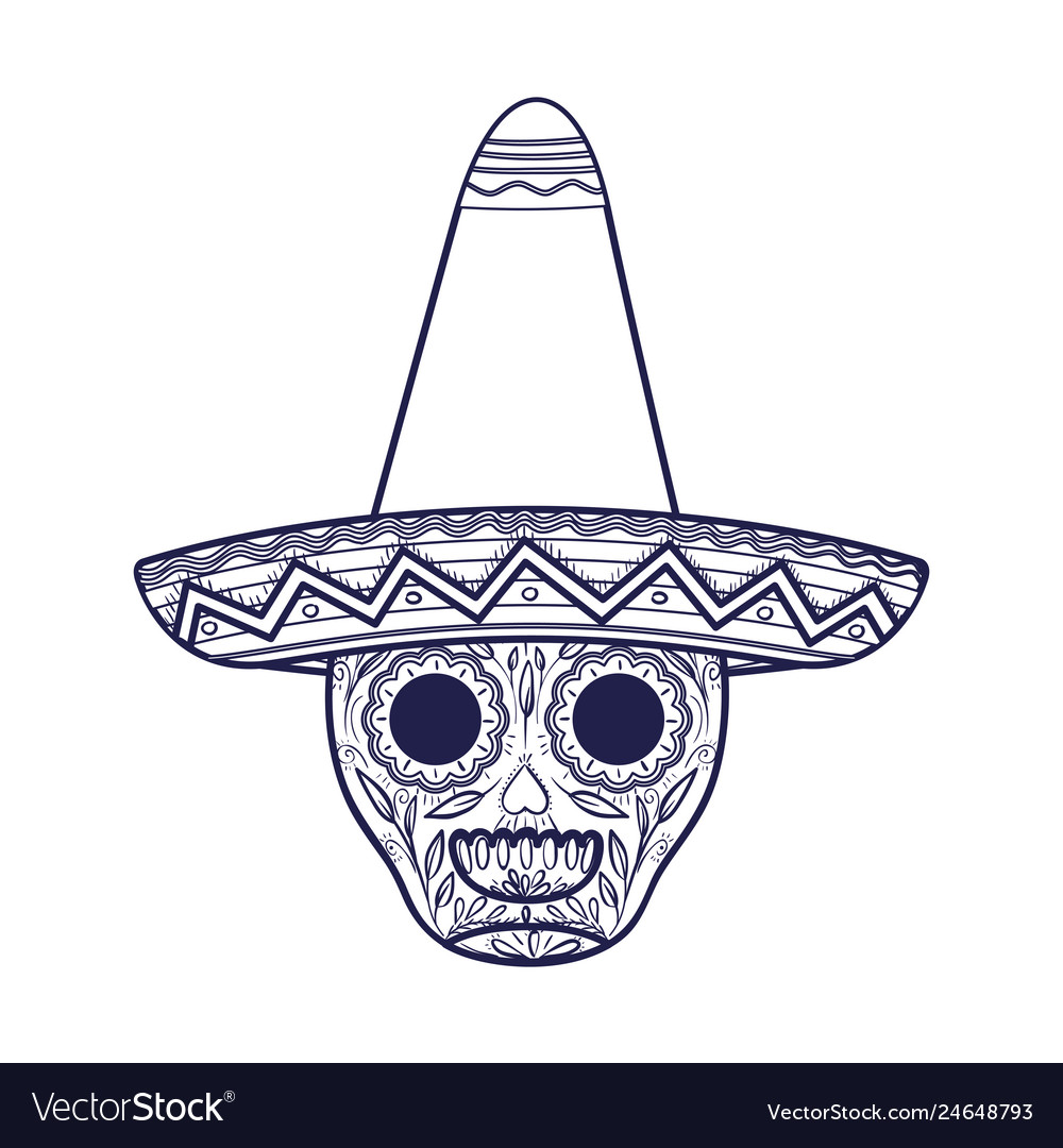 Mexican skull with hat isolated icon Royalty Free Vector