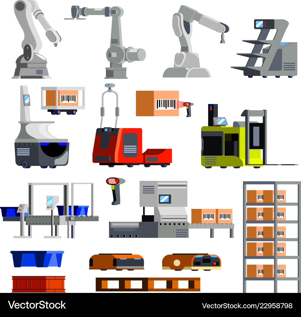 Automated warehouse equipment flat icons Vector Image