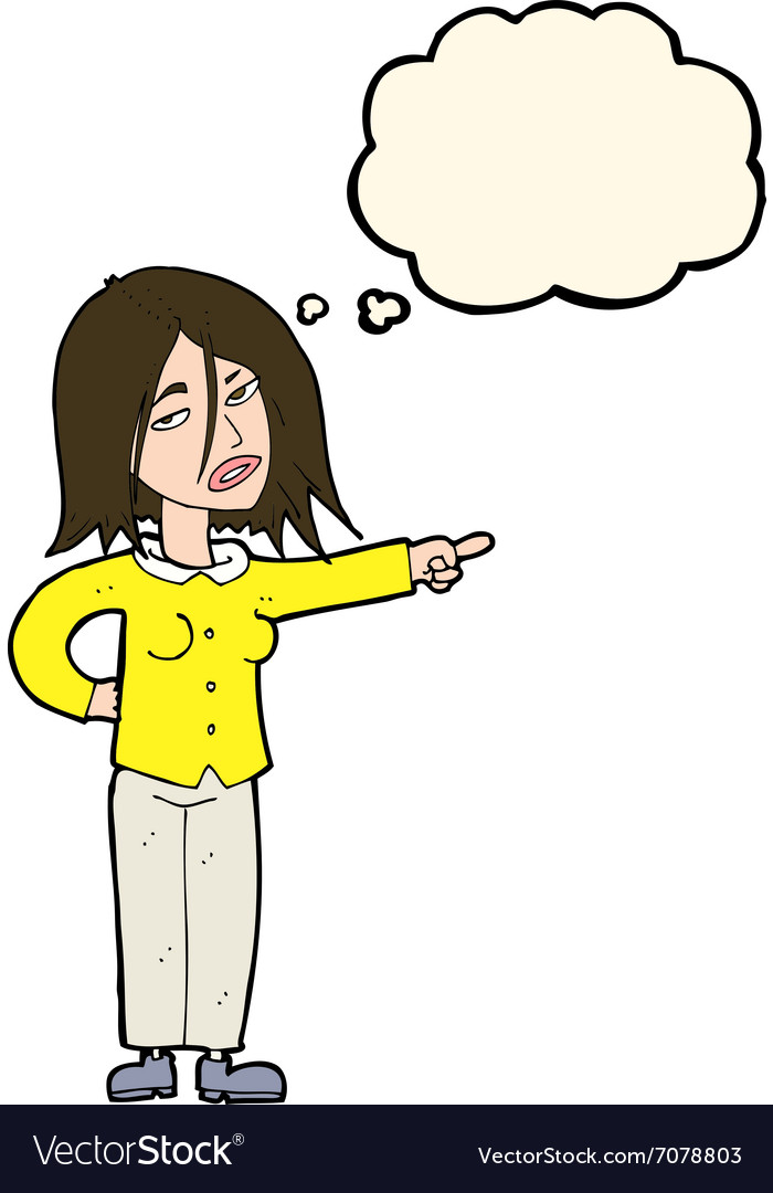 Cartoon woman pointing with thought bubble