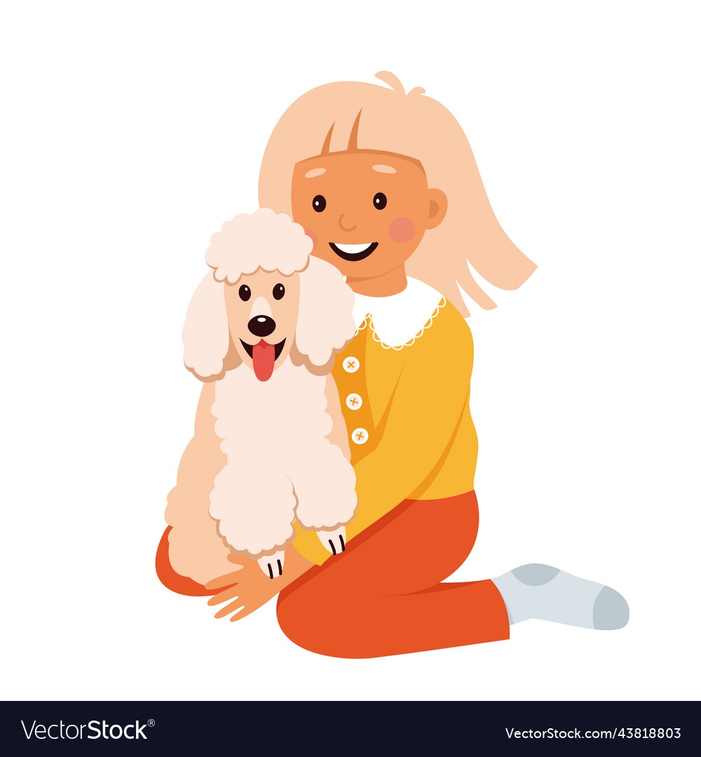 Cute kid hugging dog portrait of girl and white