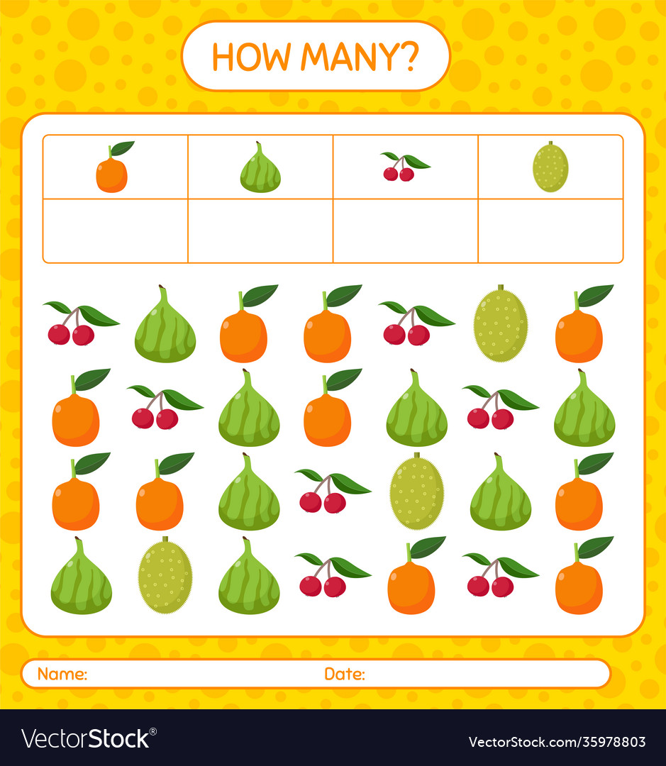 How many counting game with fruit worksheet vector image How many counting game with fruit worksheet