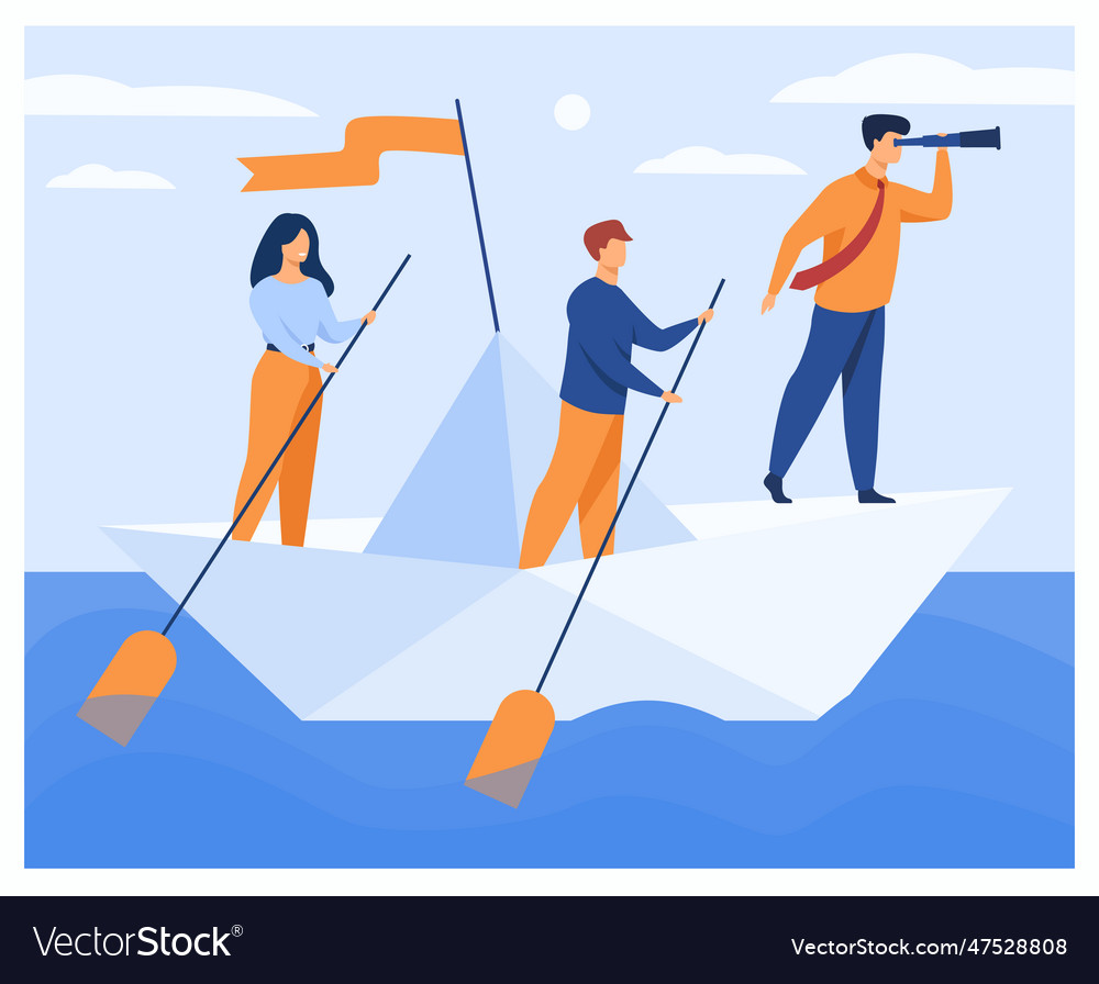 Business team rowing corporate boat Royalty Free Vector