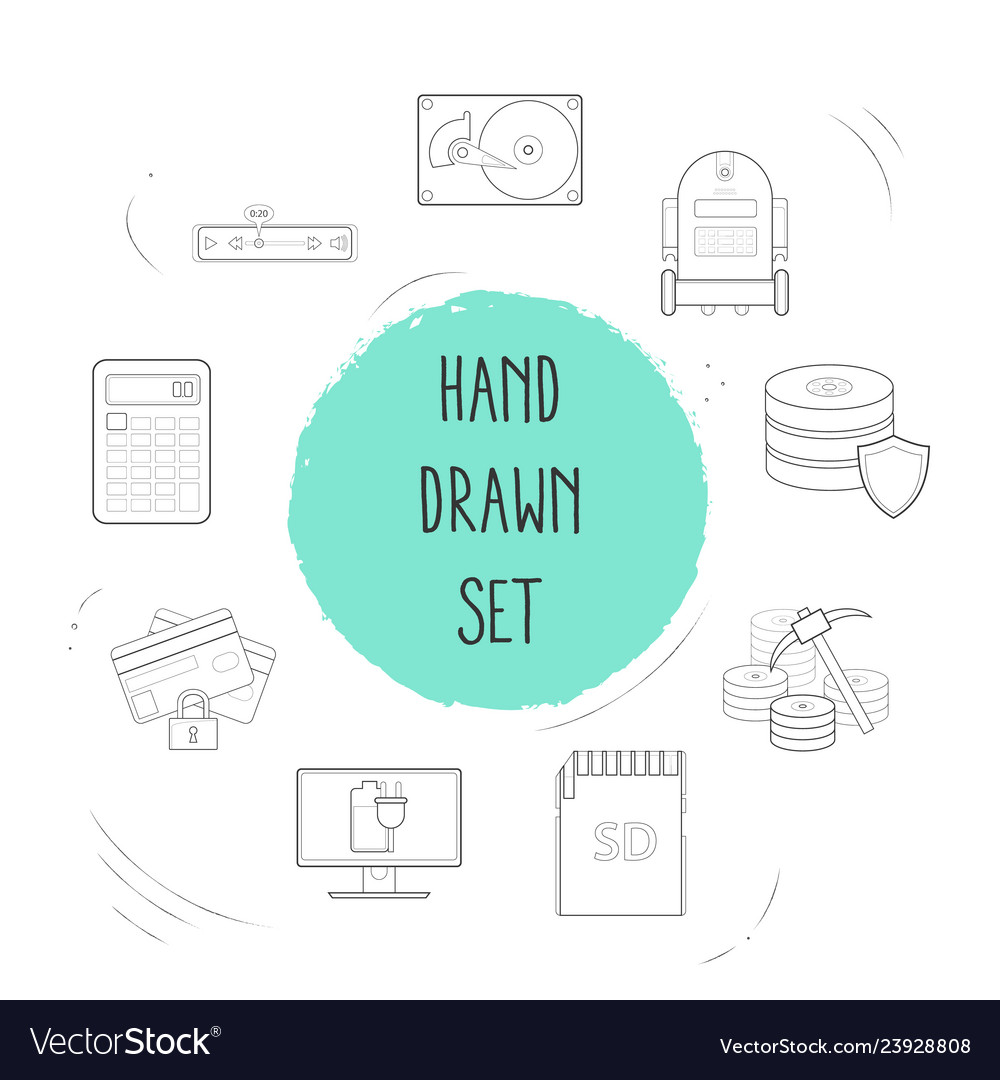 Set of tech icons line style symbols with sd card vector image Set of tech icons line style symbols with sd card