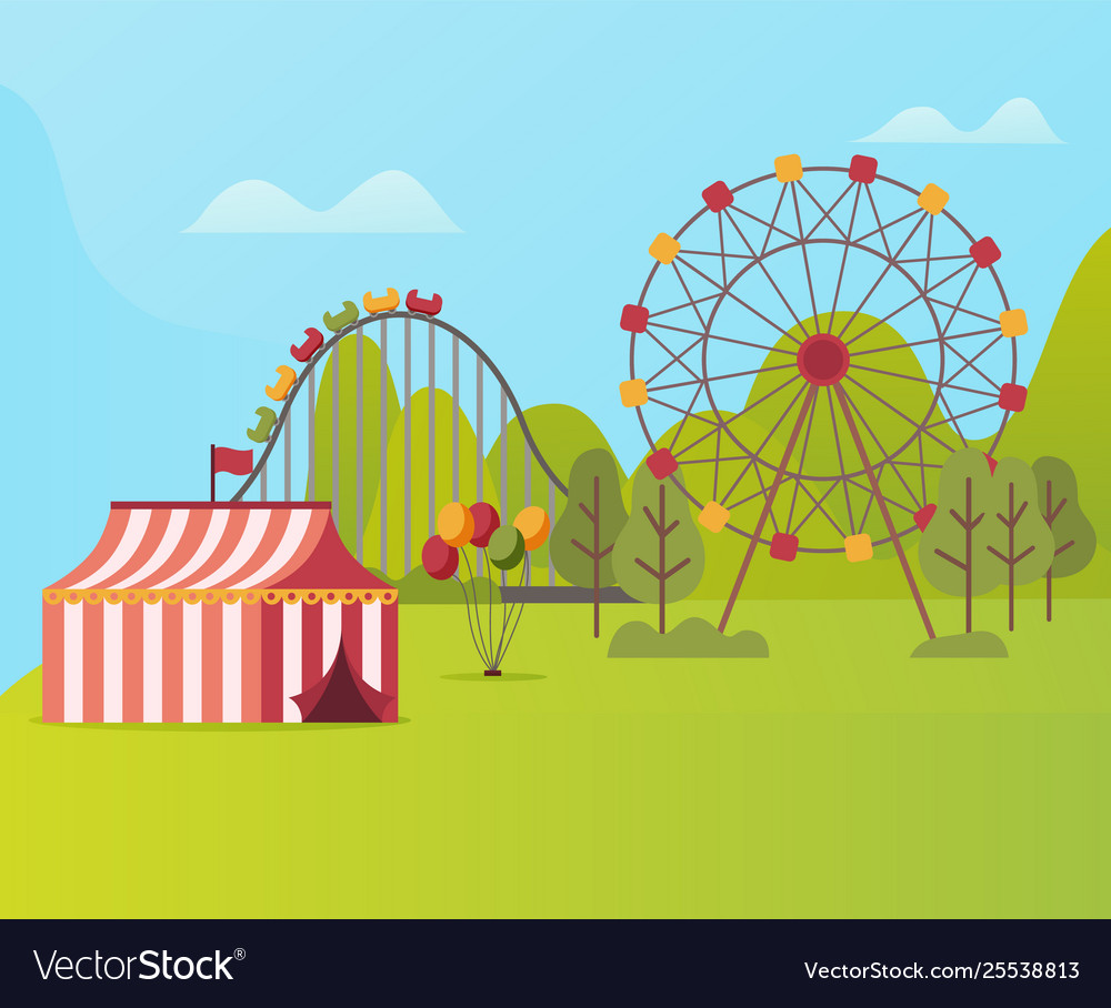 Amusement park with tent ferris wheel and carousel