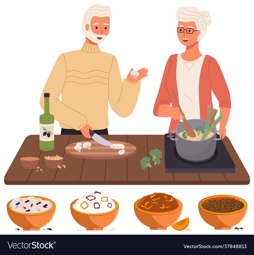 Elderly couple preparing soup or porridge using vector image Elderly couple preparing soup or porridge using