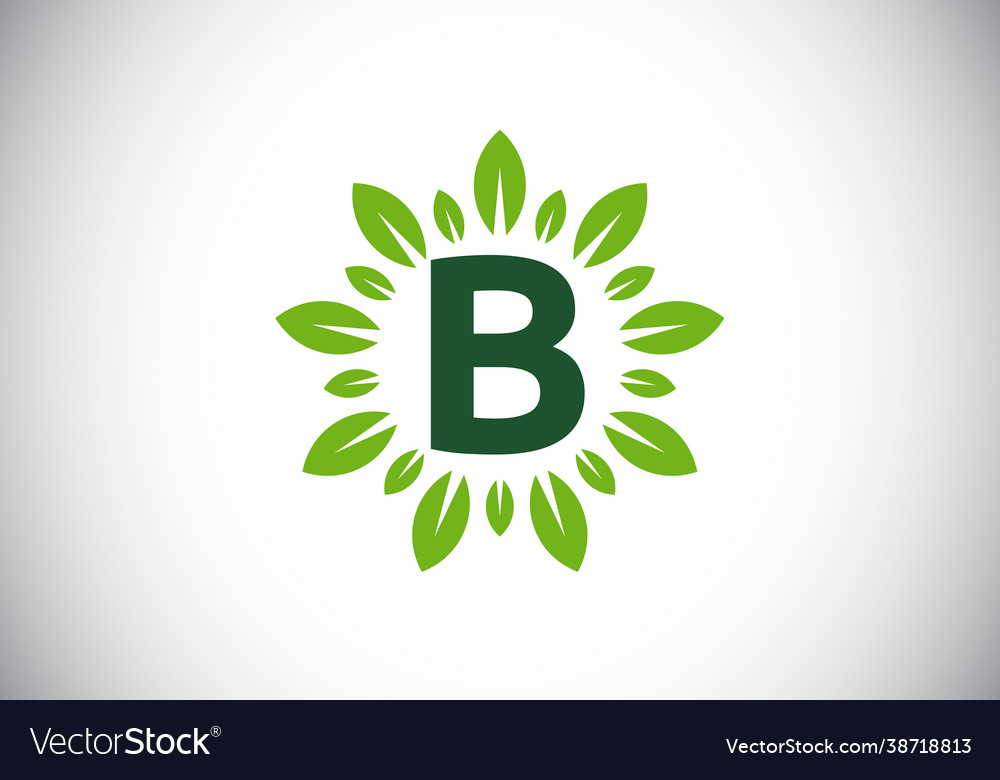 Initial b monogram letter alphabet with leaf