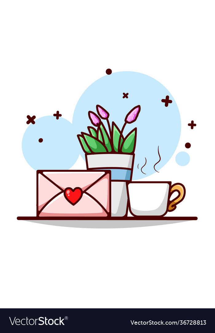 Love letter ornamental plant and tea cartoon