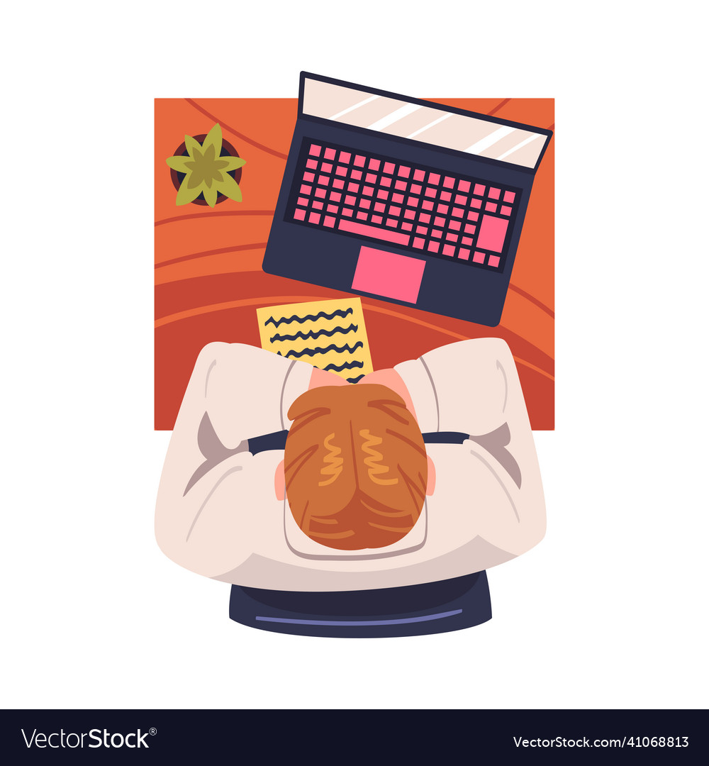 Man character at laptop working with information vector image Man character at laptop working with information