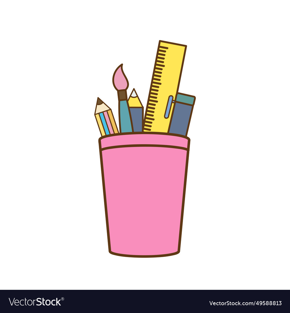 Paint brushpen pencils and ruler inside bucket Vector Image