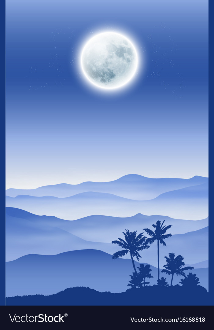 Background with fullmoon palm tree and mountains