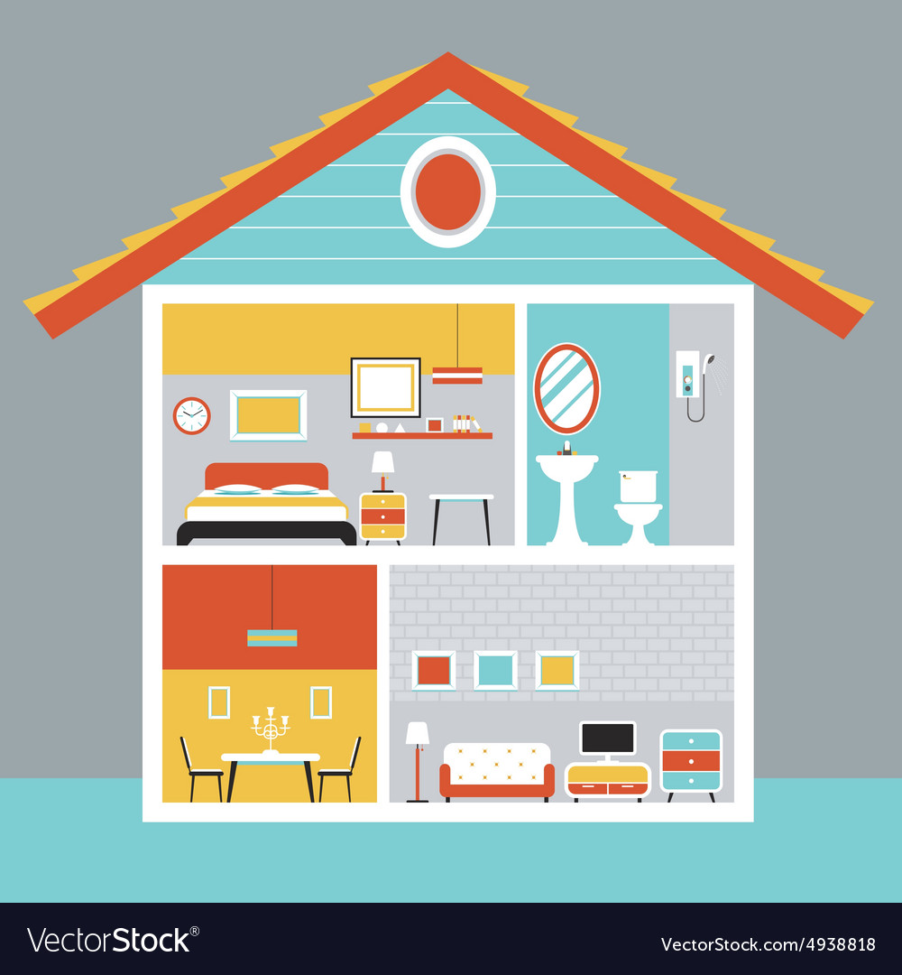 Cutaway House with Room and Furniture Flat Design Vector Image