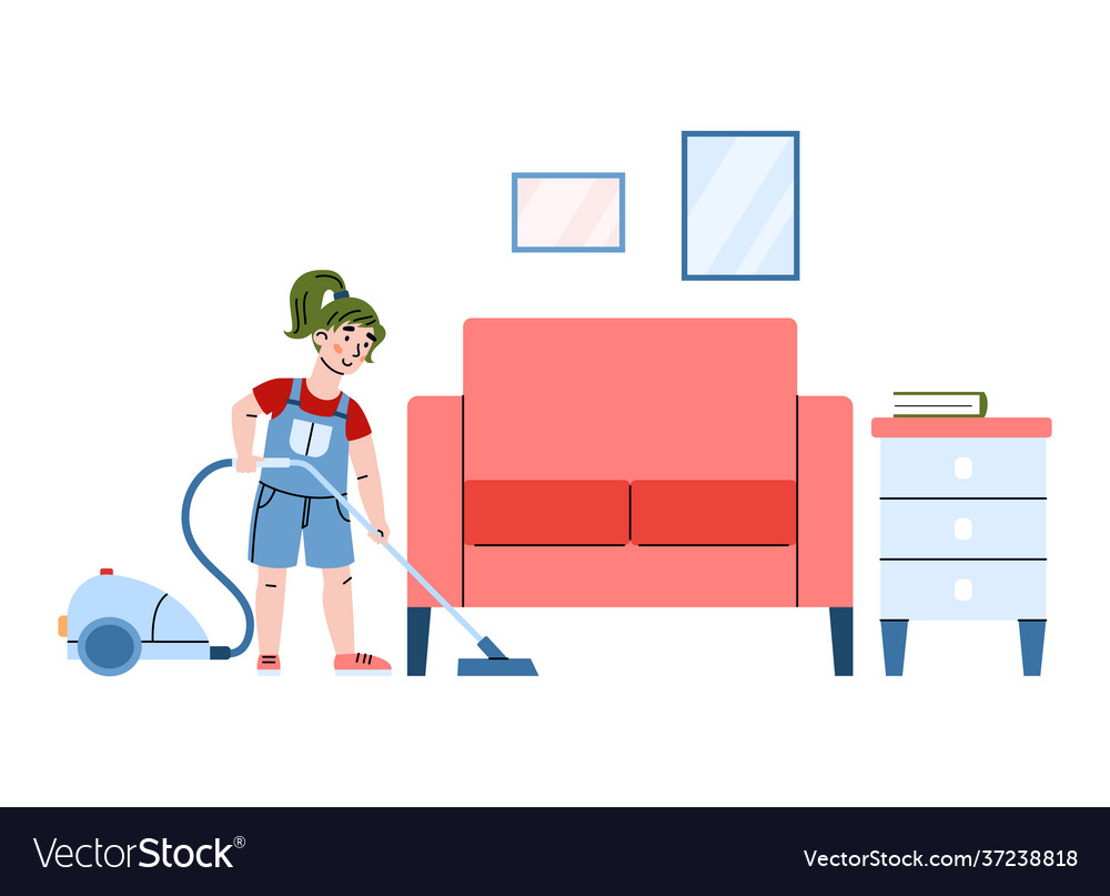 Little girl vacuuming floor in room cartoon