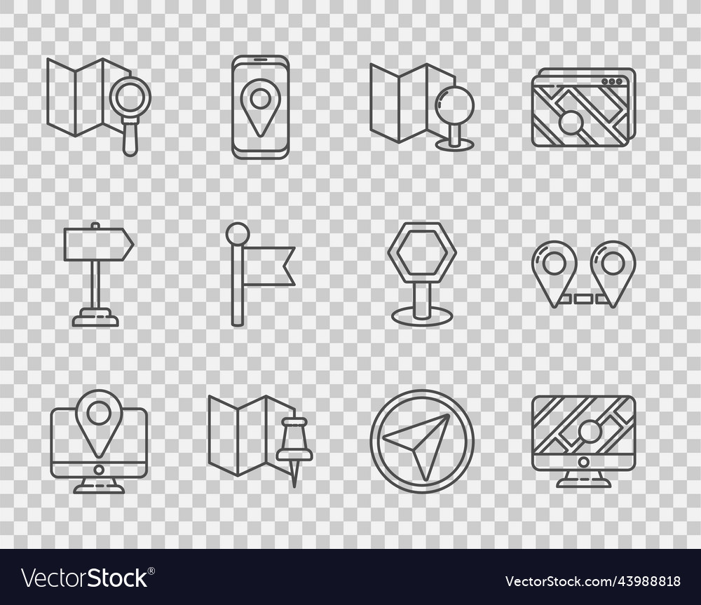 Set line monitor with location marker folded map vector image Set line monitor with location marker folded map