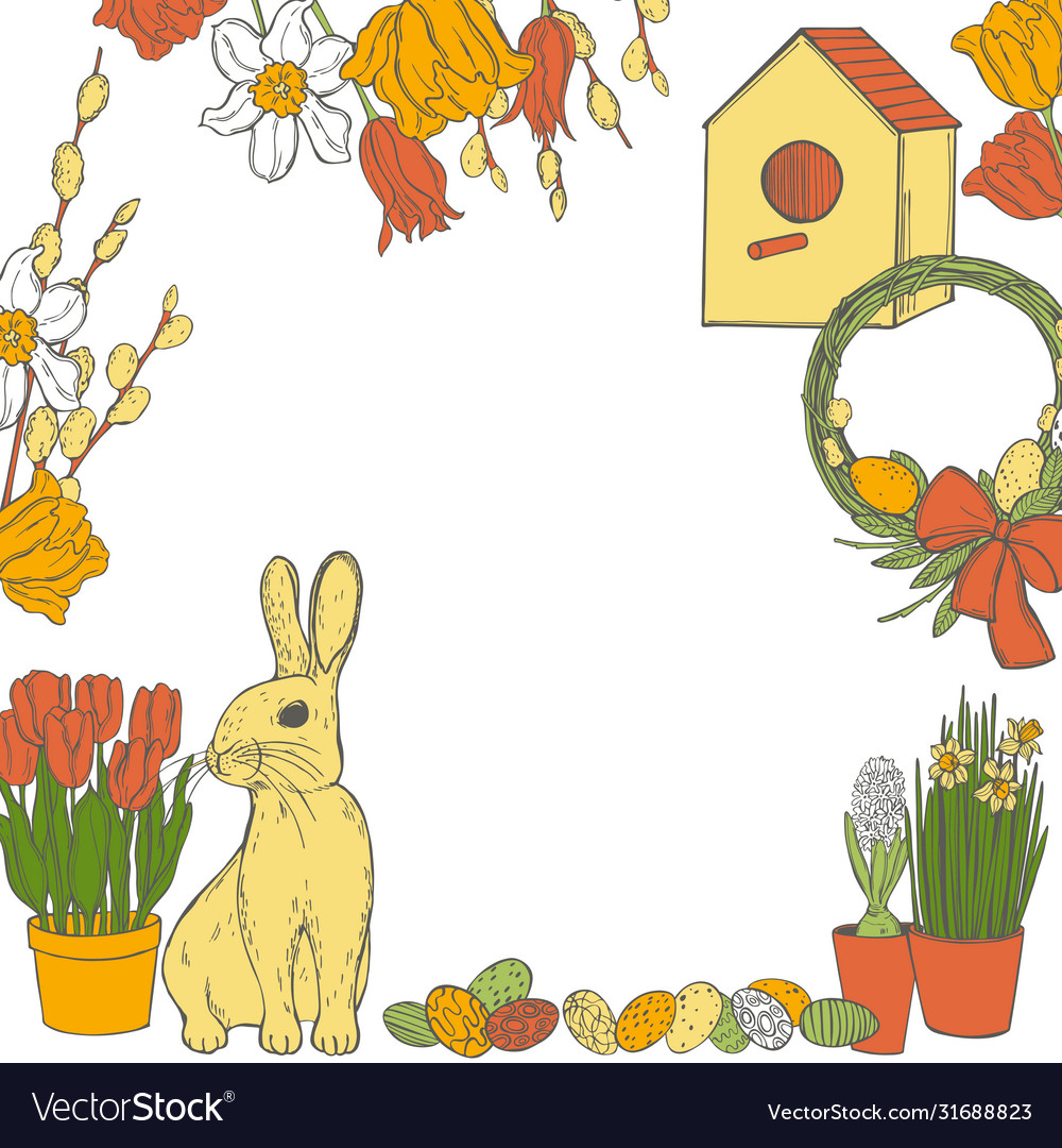 Background with easter bunny and spring flowers