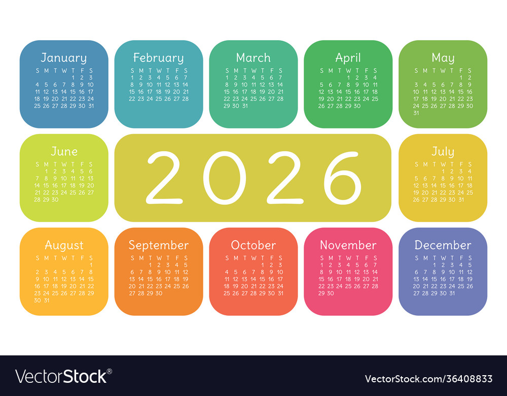 Calendar 2026 year english colorful horizontal