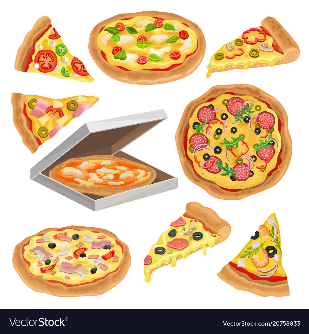 Flat set of round pizza triangle slice vector image Flat set of round pizza triangle slice