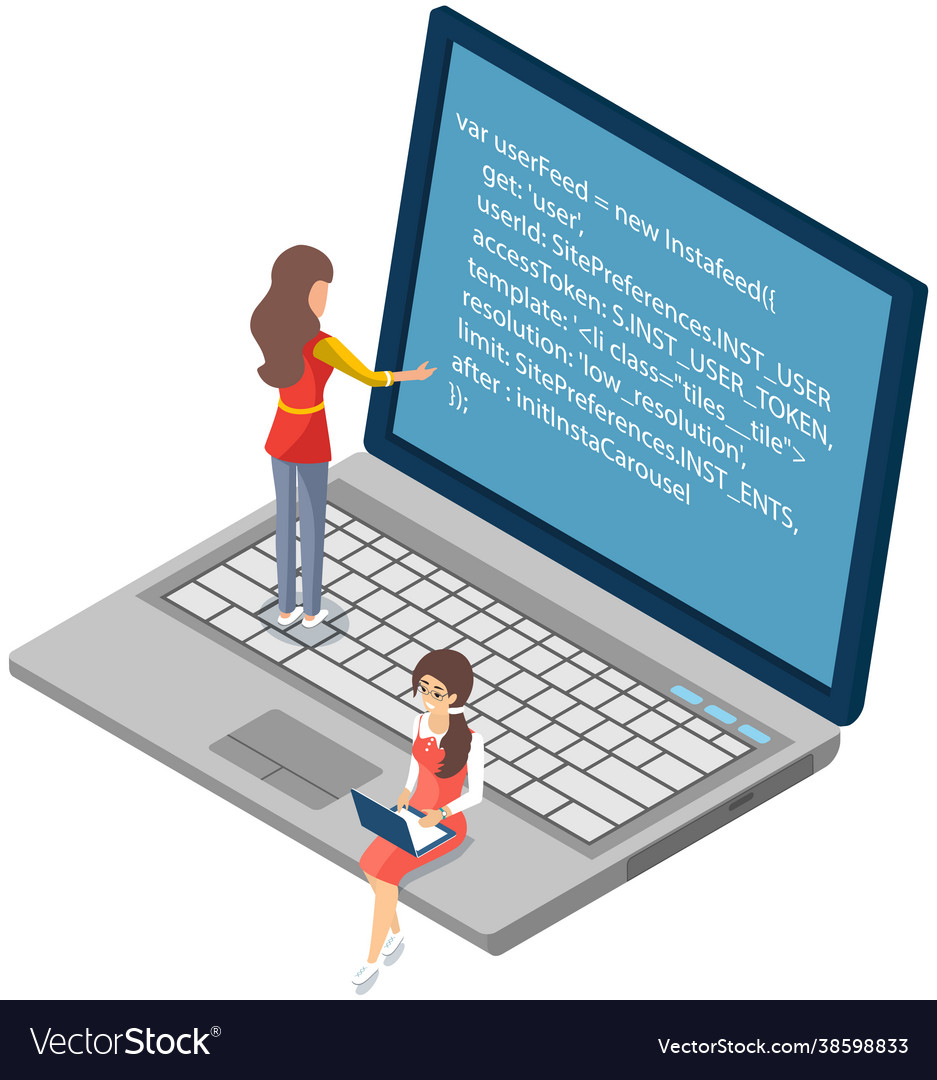 People looking at laptop screen with program code