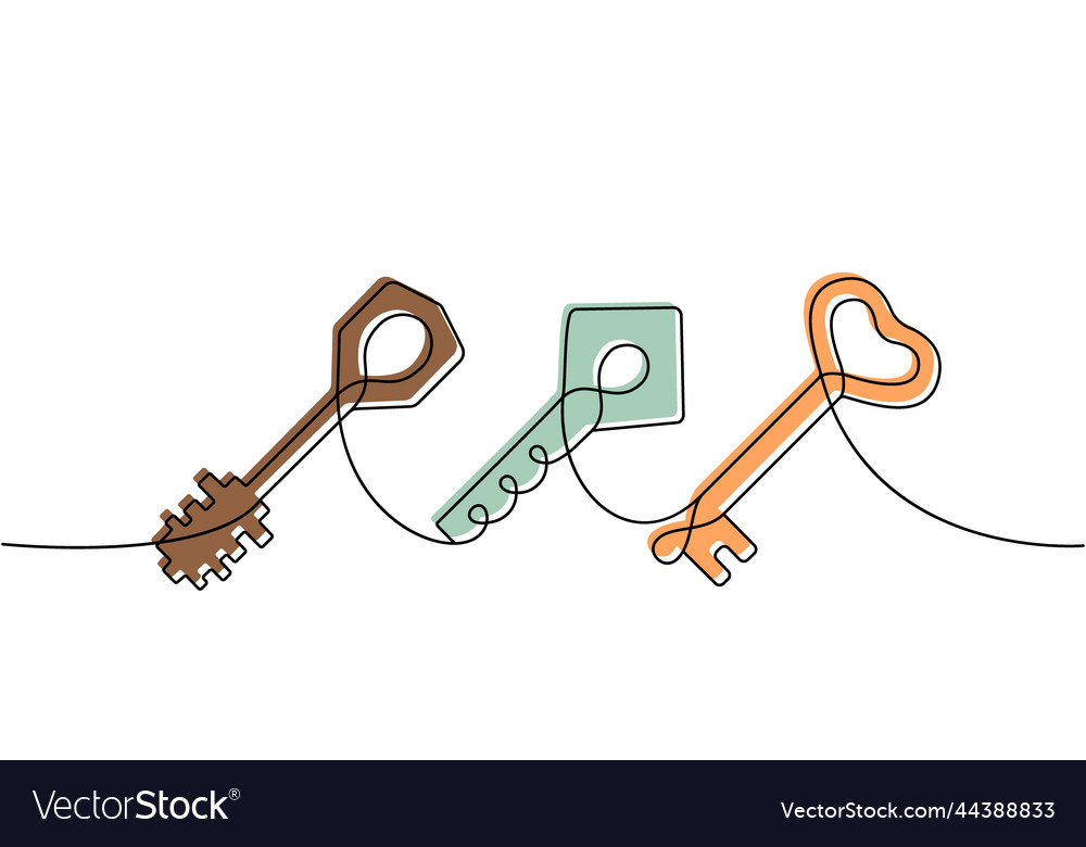 Set of key one line colored continuous drawing Vector Image Set of key one line colored continuous drawing