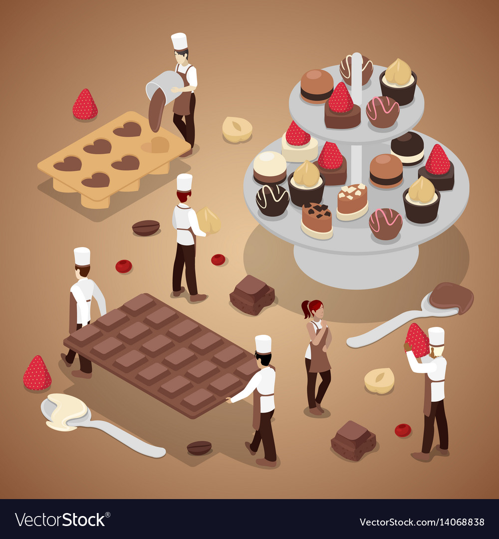 Isometric people making chocolate candies