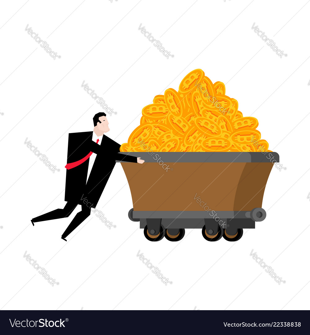 Miner and trolley of bitcoins mining extraction