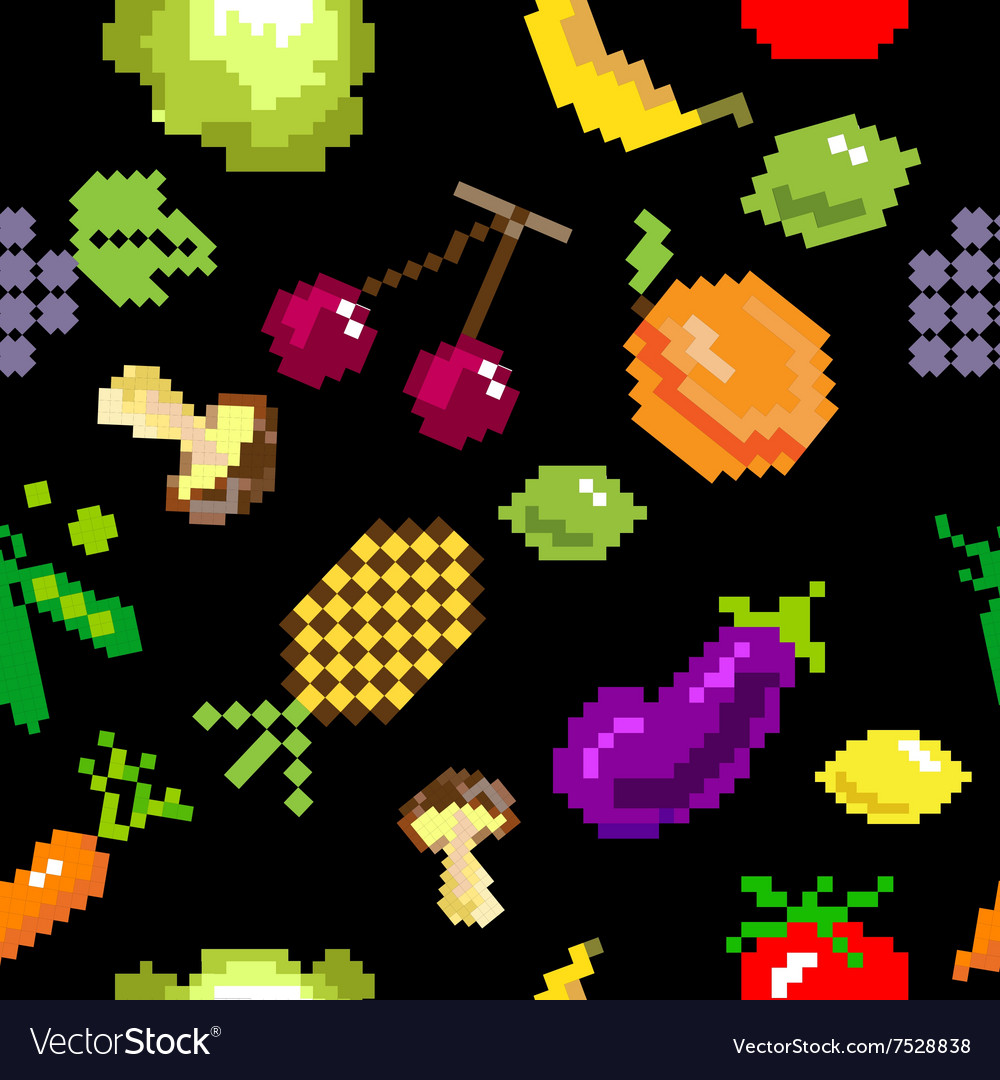 Seamless retro pixel game fruits pattern Vector Image