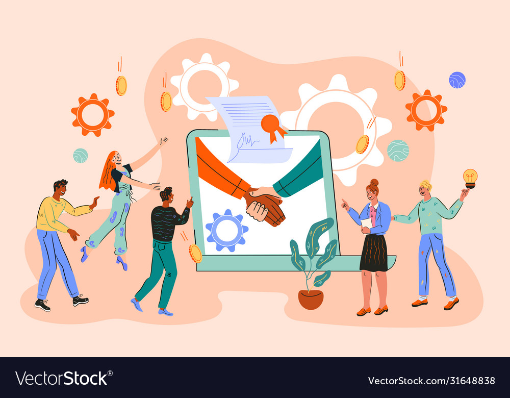 Smart contract signing banner with characters vector image Smart contract signing banner with characters