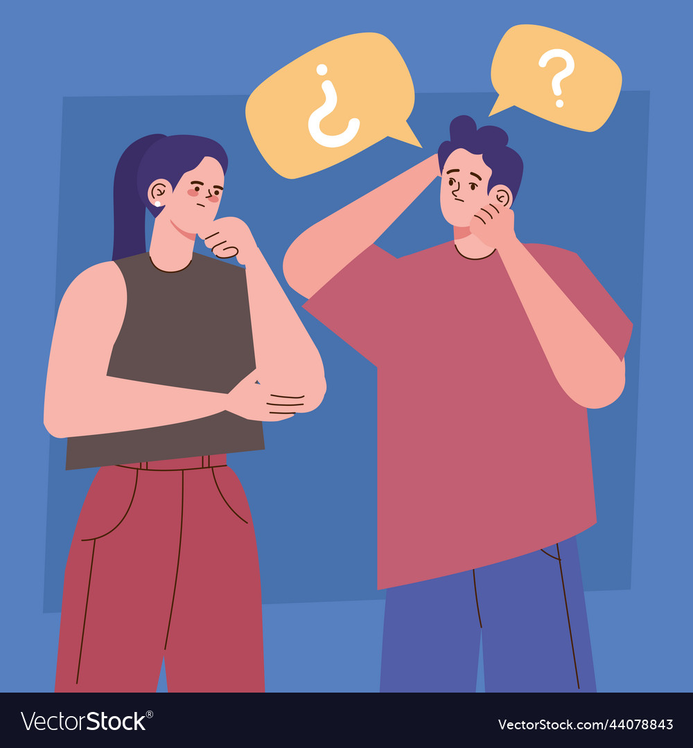 Couple with question marks in bubbles