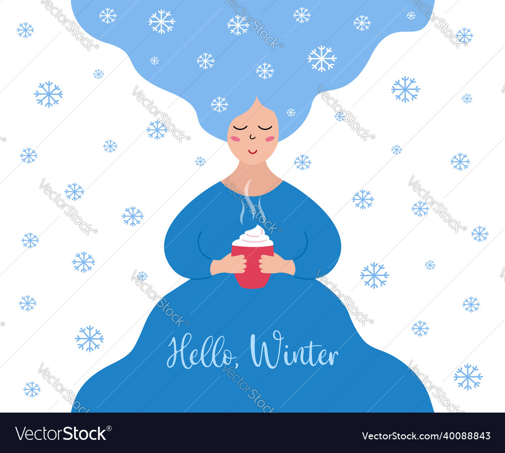 Hello winter text cute girl with snowflakes