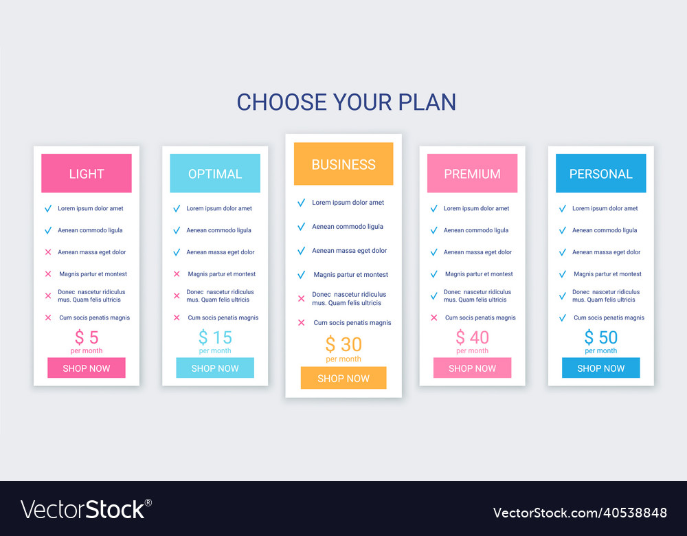Price table comparison layout with 5 columns vector image Price table comparison layout with 5 columns