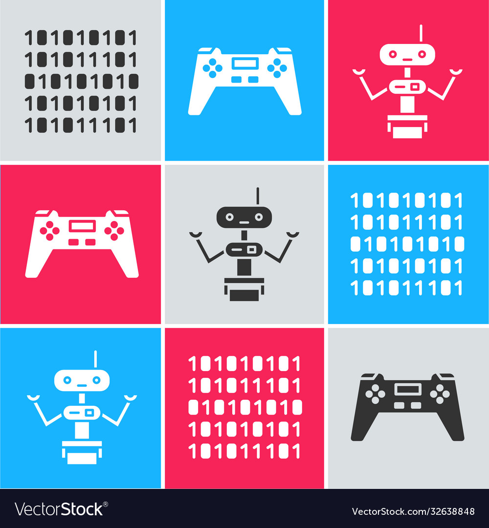 Set binary code gamepad and robot icon vector image Set binary code gamepad and robot icon