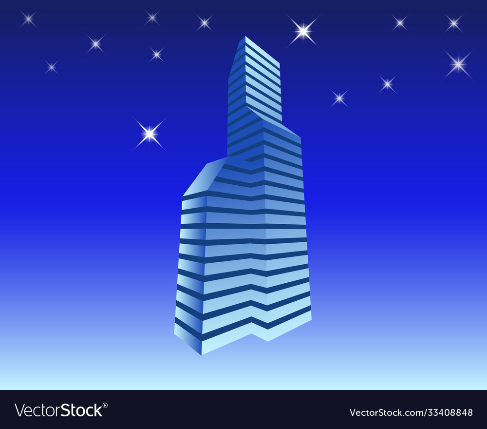 Skyscraper at night with shining stars on blue