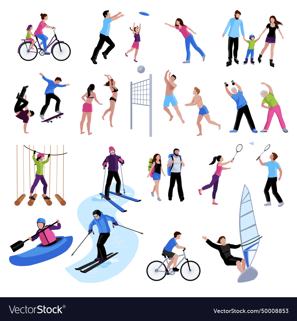 Active leisure people icons set