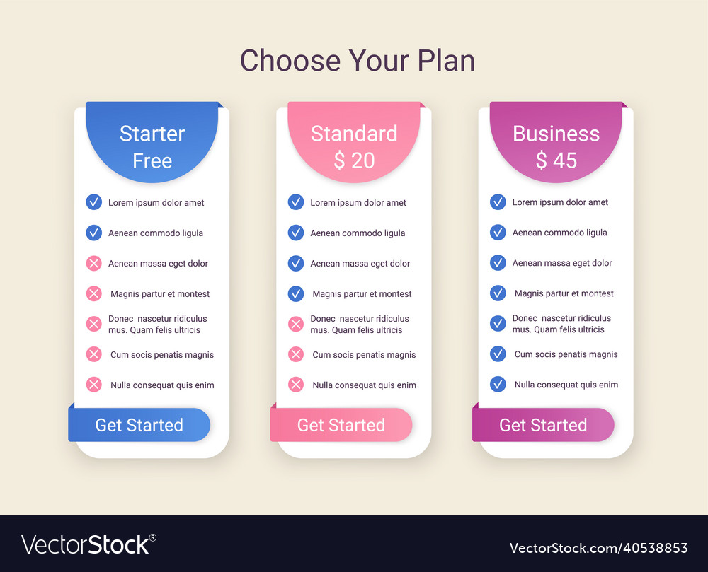 Price table comparison template with 3 columns vector image Price table comparison template with 3 columns