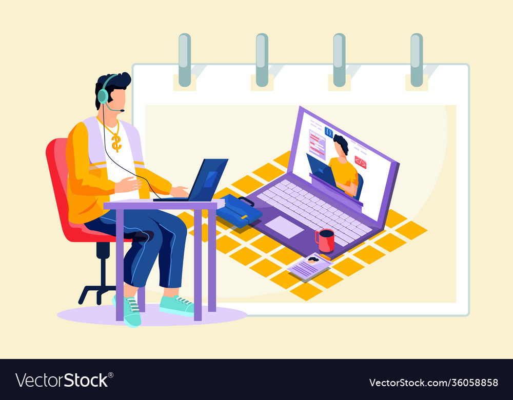 Man with headset records a video lesson vector image Man with headset records a video lesson
