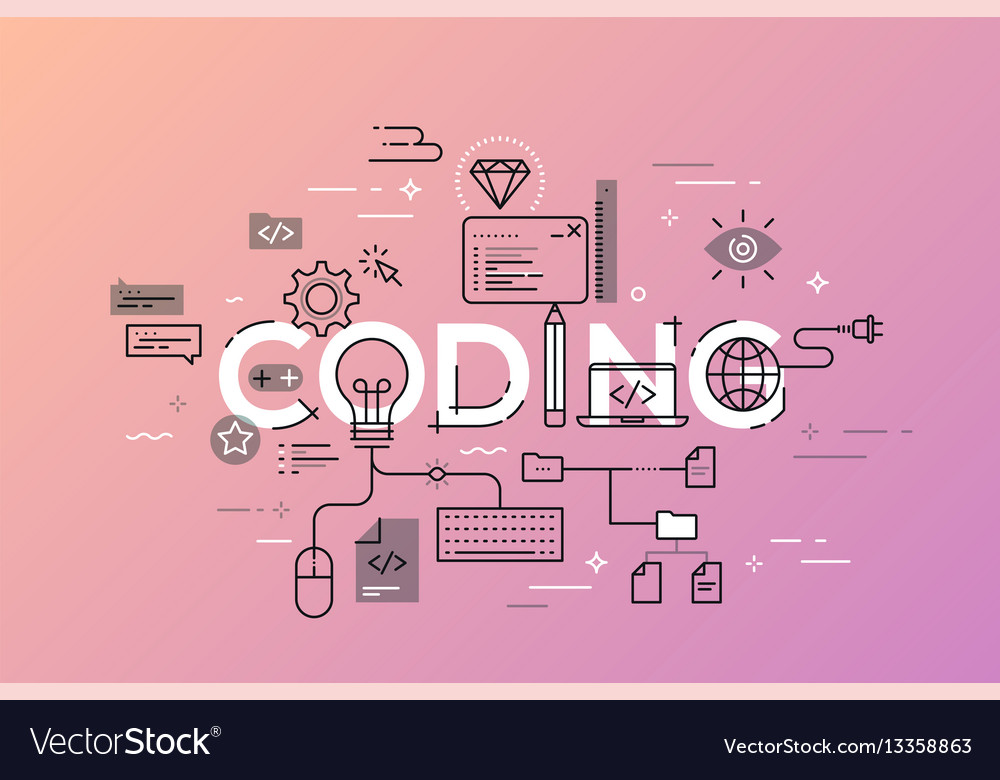 Flat style thin line banner design of coding