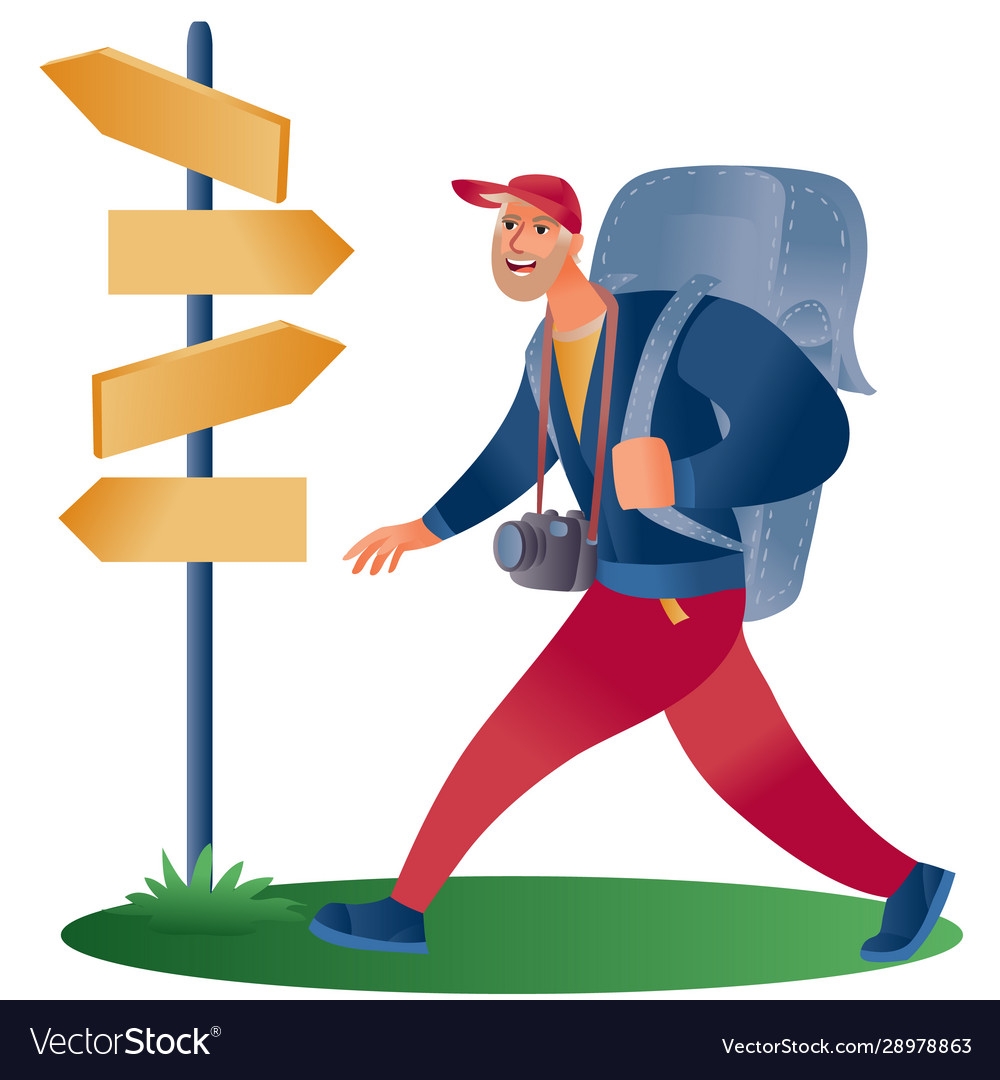 Man with a large backpack and camera steps