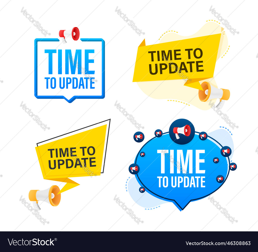Megaphone label set with text time to update vector image Megaphone label set with text time to update