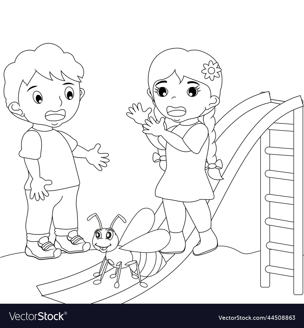 Two children are scared of an ant