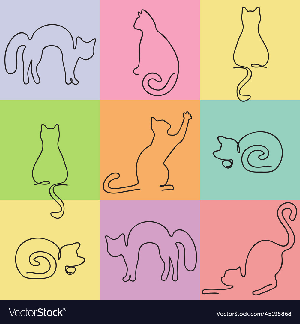 Cats in one continuous line multicolor squares