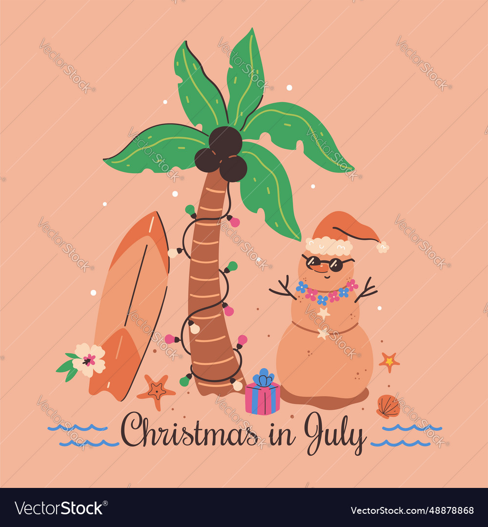 Postcard or poster with a sand snowman palm tree