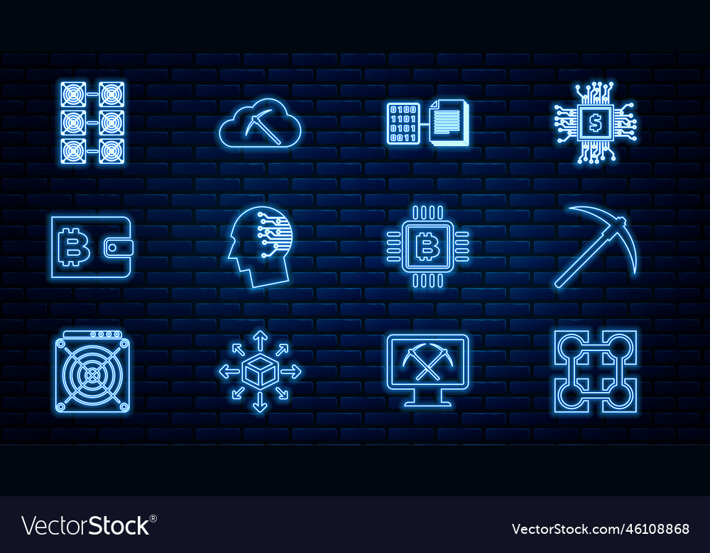 Set line blockchain technology pickaxe smart vector image Set line blockchain technology pickaxe smart
