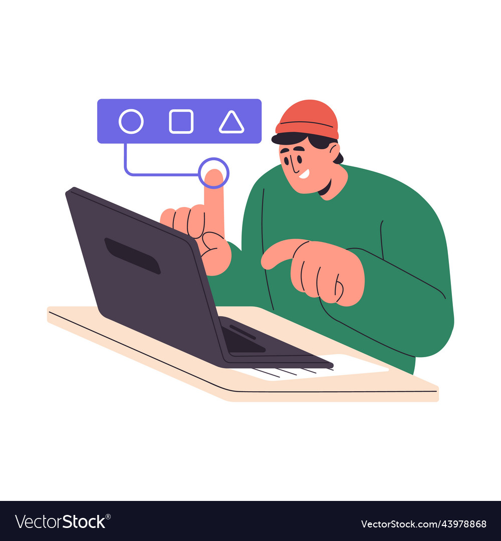 student-studies-online-uses-laptop-computer-vector-image