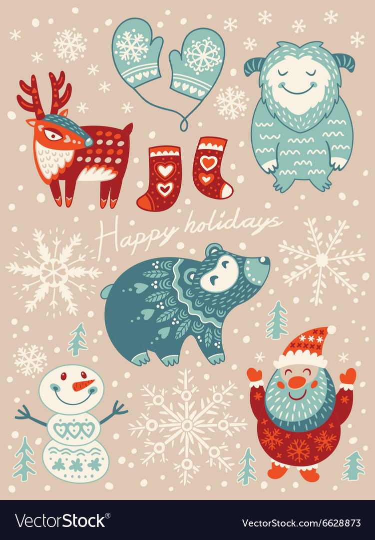 Happy holidays card christmas set with cartoon