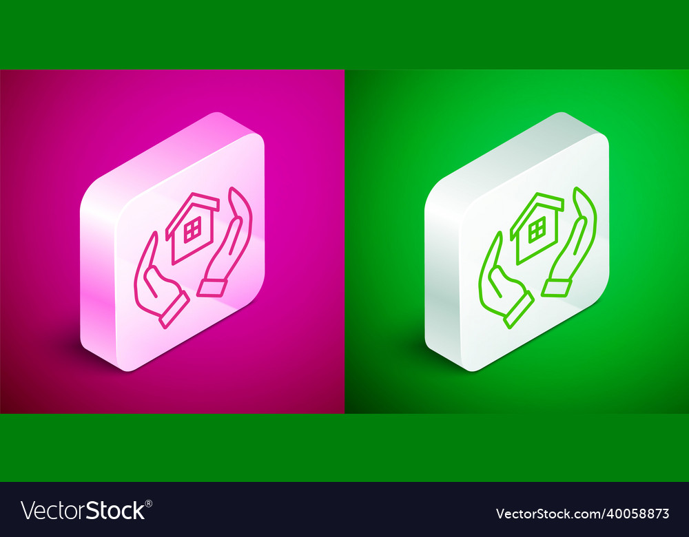 Isometric line house in hand icon isolated on pink